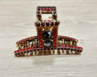 Vintage Hair Accessory, Gold Hair Clip With Red Stones