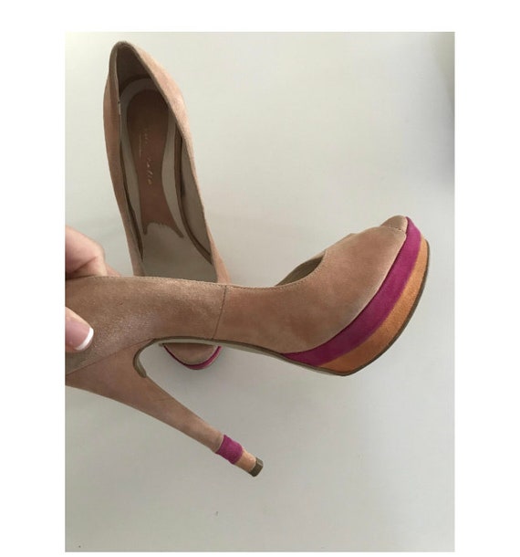 Escarpins Texto Talon Rose Poudré - Cuir Daim, Pointe Ouverte (peep Toe), Taille 38, Occasion