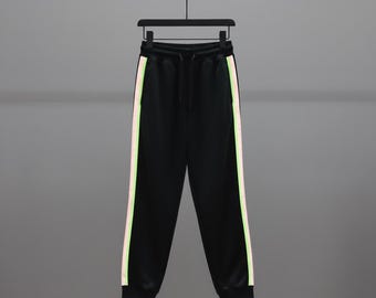 Vintage 90s Tracksuit Bottoms: Black Joggers with Pink & Yellow Stripes - US Small