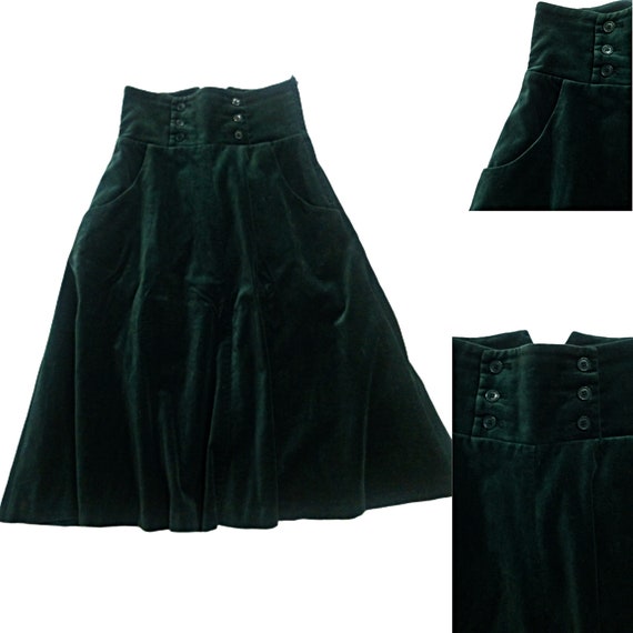 Green Velvet Maxi Skirt, Vintage Riding Style Gree