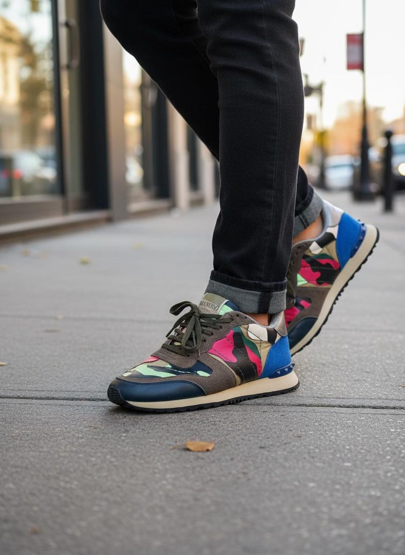 May include: Camouflage-patterned sneakers with blue, pink, and green accents. The sneakers have a navy blue toe cap, a beige sole, and blue detailing on the heel. The laces are olive green. The shoes are worn with black jeans.