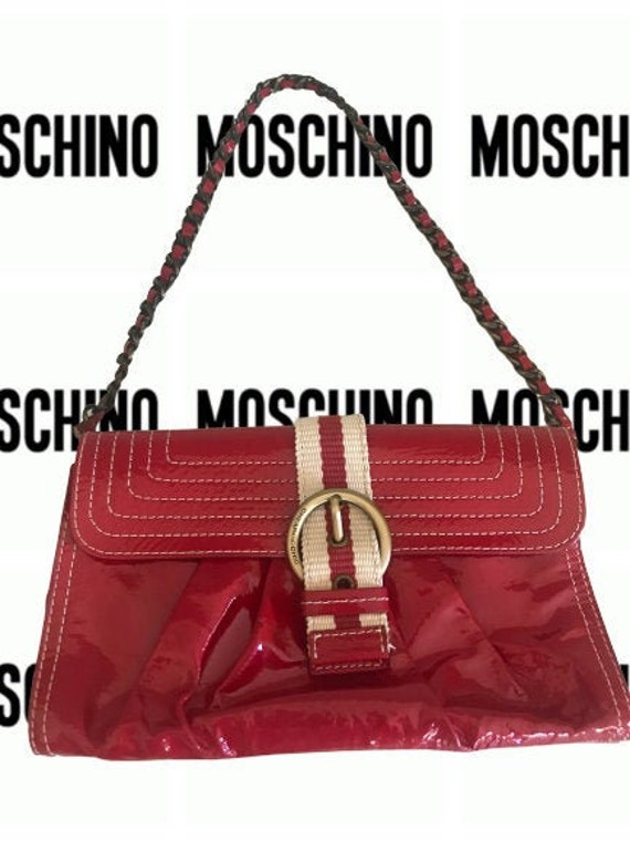 So chic and mod. Vintage MOSCHINO brown leather purse can be fanny bag clutch bag with large golden heart and key motifs