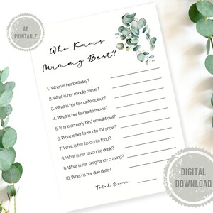 A6 Qui sait maman meilleure carte de jeu, Native, Eucalyptus, Baby Shower, Téléchargement instantané, Baby Shower imprimable, Téléchargement numérique