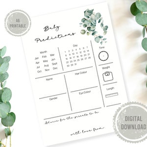 A6 Baby Voorspellingen Game Card, Native, Eucalyptus, Baby Shower, Instant Download, Baby Shower Afdrukbaar, Digitale Download