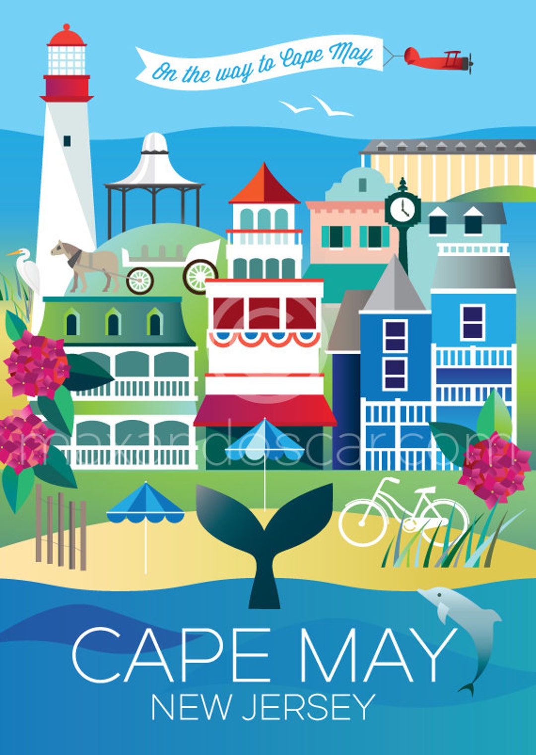 Cape May, New Jersey, Vector, Lighthouse, Lantern Press Artwork canvas tote  bag