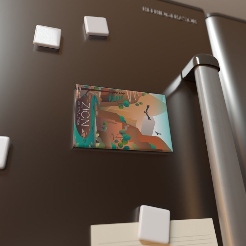 Zion National Park Refrigerator Magnet , showing a painted image of a canyon and river stuck on a fridge