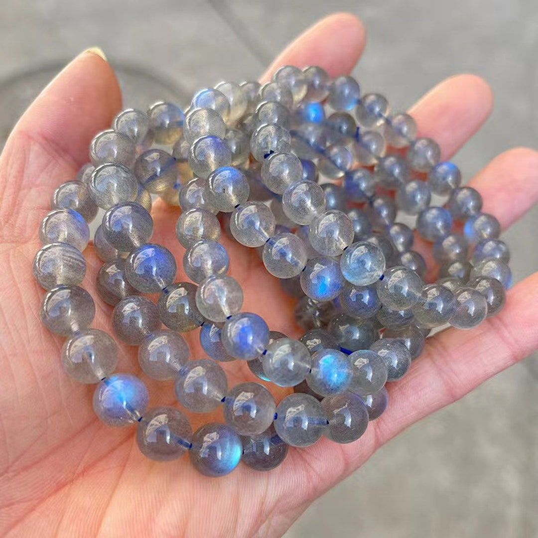 8mm Gray Gleamy Rainbow Moonstone Round Gemstone Beads Bracelet – 7.5 Inches, Handmade, Adjustable