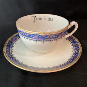 J'aime le bite, vulgar coffee / tea cup, funny upcycled tasse jurons, vintage gift, Durrant & Dove