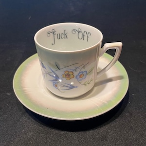 May include: A white teacup and saucer set with a floral design and the words "Fuck Off" printed inside the cup. The saucer has a green and white rim. The teacup has a handle.