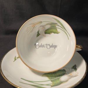 Puede incluir: Un juego de taza de té y platillo de porcelana blanca con borde dorado y un patrón floral de lirios cala en verde y blanco. El interior de la taza muestra el texto negro Salut Salope centrado en el fondo, con un diseño floral a juego en el platillo.