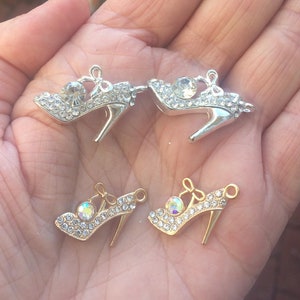 2 x Handmade Gold or Silver Cinderella type Rhinestone Slipper Shoe Charms with hole for jewellery making crafts