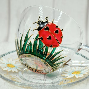 Hand Painted Ladybug Glass Mug, Glass Set, Ladybug Glass Pitcher 