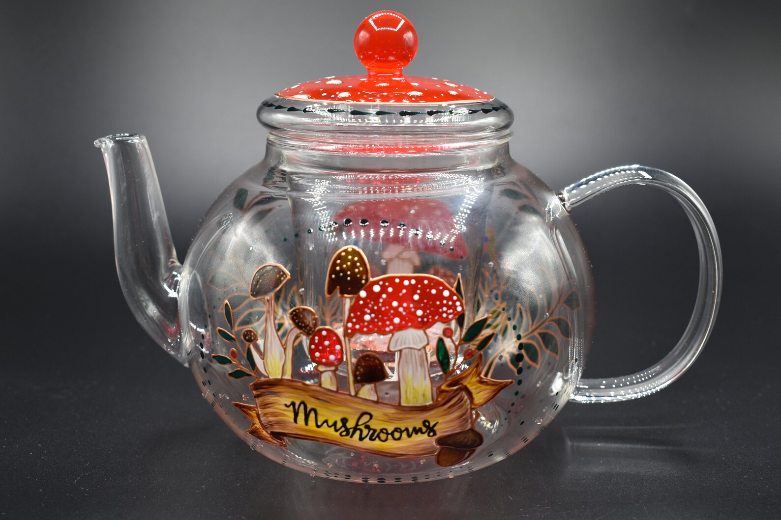 Mushroom Glass Teapot With Infuser Hand Painted Anniversary Etsy UK