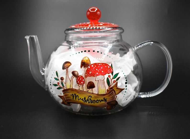Mushroom Glass Teapot With Infuser Hand Painted Anniversary Etsy UK