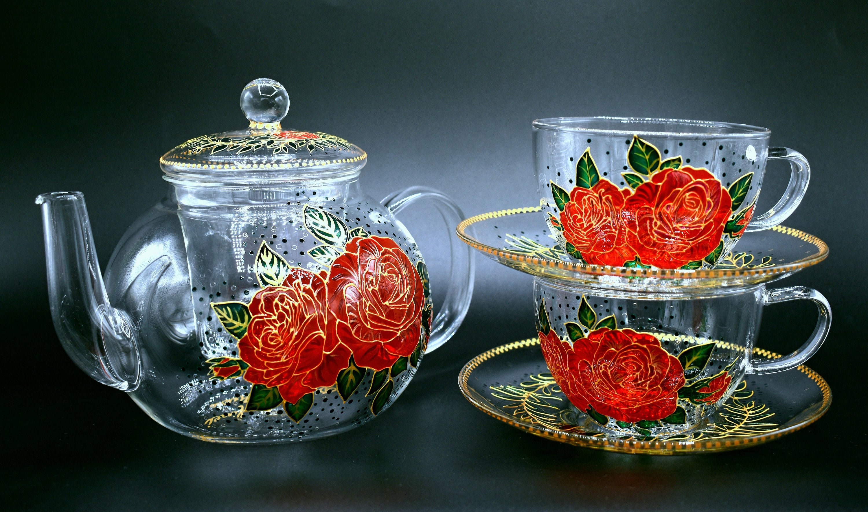 xixi-home Glass Tea Set,Red Rose Teapot Set,Flower Teapot and Cup Set  7-piece set Thickened Clear Tea Kettle coffee cup set fashion ladies Fancy  Tea
