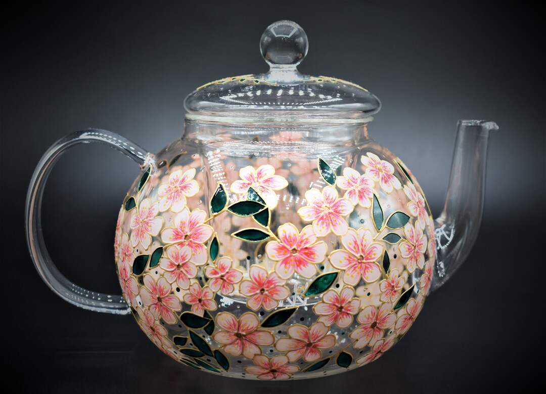 Pink Blossom Glass Teapot With Infuser Cherry Blossom Tea Hand Painted