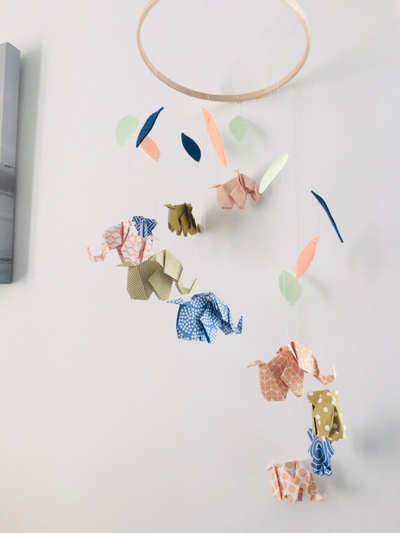 Mobile Baby Origami Spiral Khaki Elephants Orange Navy Blue Etsy