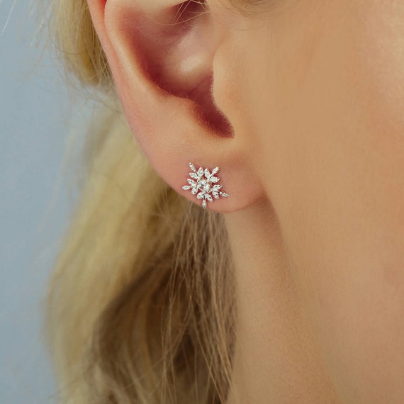 Snowflake Cubic Zirconia Ear Studs 925 Sterling Silver With Handmade Prong Setting