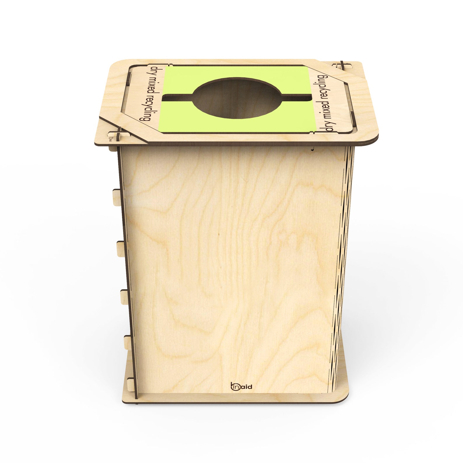 Recycle Bin, Robust Wooden Design With Lime Green Dry Mixed Recycling