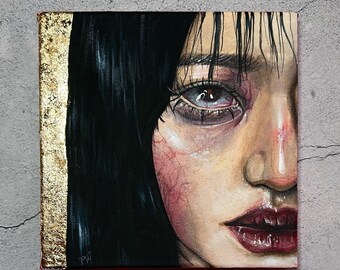 Gouden spiegel - origineel acrylschilderij, donkere kunst, wanddecoratie