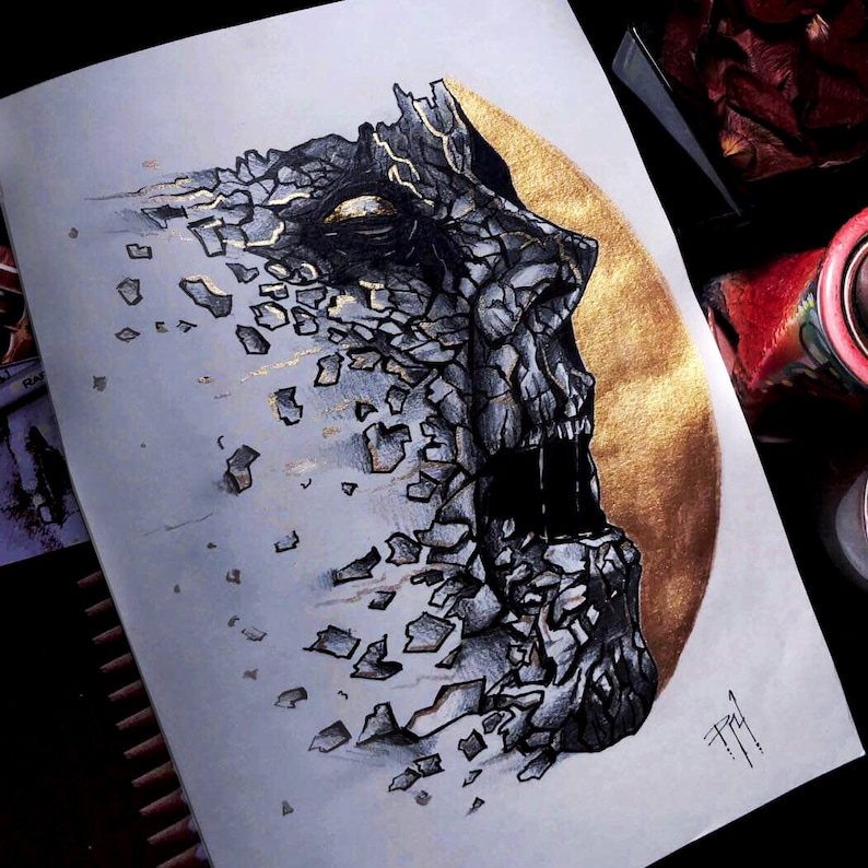 Falling Apart Gold and Grey Art Pastels with Watercolor Original Drawing Pencil drawing Painting