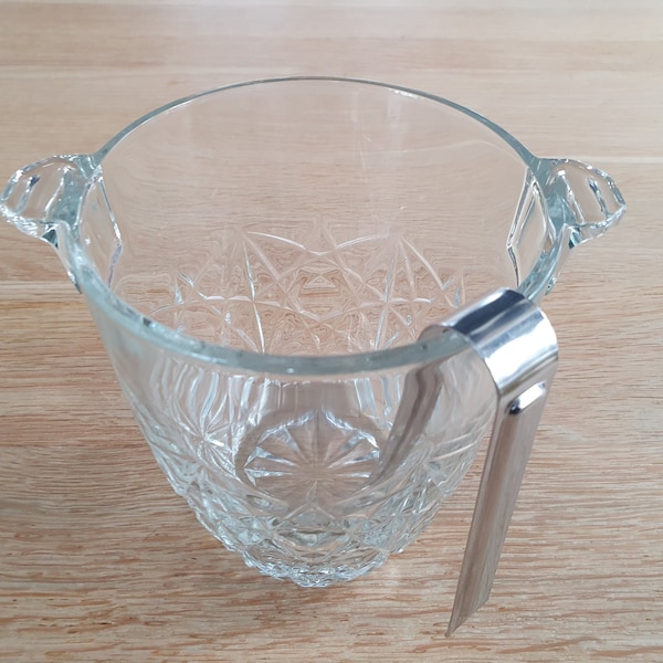 Crystal glass ice-bucket with metal  tongs for ice-cubes.