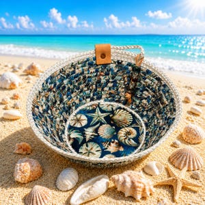 May include: A round, bowl-shaped basket constructed from coiled rope with a blue and white seashell-patterned fabric lining. The basket features a light-colored rope rim, a tan leather tab accent, and a decorative beaded charm hanging from the side.