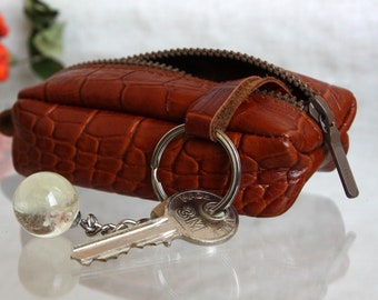Embossed Leather Key Case with Zipper: Genuine Key Organizer