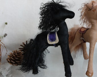 Horse made of pony fur, Black horse with a saddle, Horse figurine, Interior piece