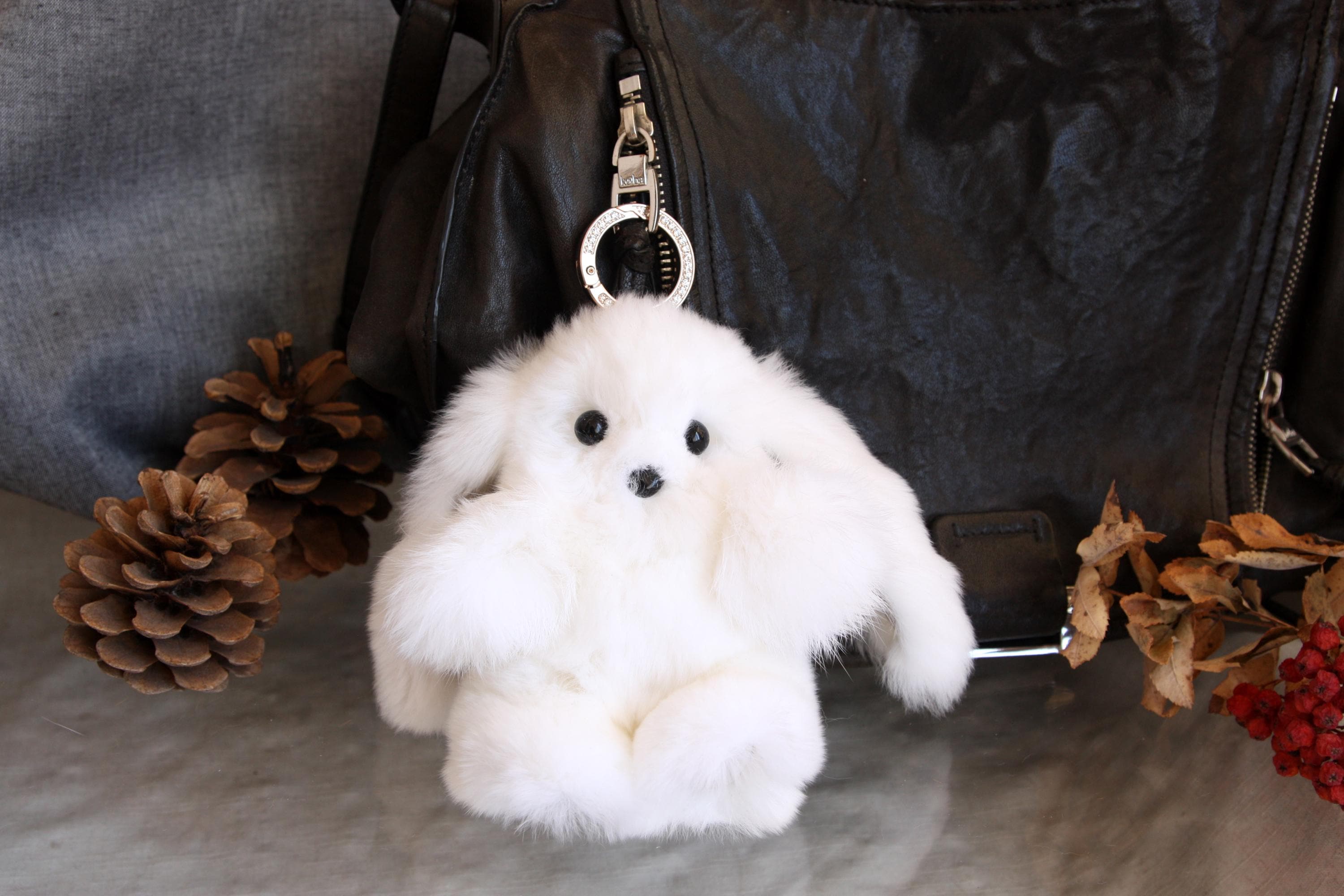 Furry Bunny Keychain Made of Rabbit Fur on a bag, backpack, keys or jeans, Natural accessory,  Stylish accessory