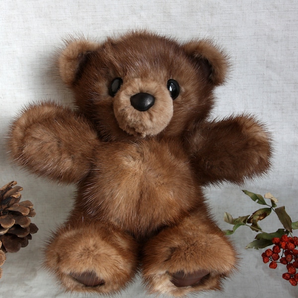 Bear from natural mink fur, Size L, Brown bear, Teddy bear, A toy of real mink fur, Interior toy