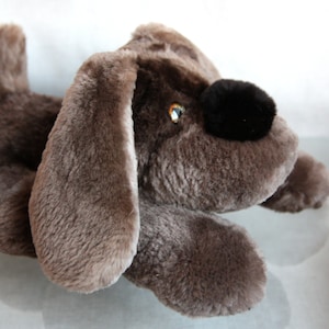Dog made of natural beaver fur, Dark beige dog, Dog with realistic fur eyes, Interior toy