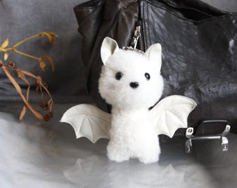 Bat keychain, sheep's wool, Genuine Leather Wings, Backpack Charm