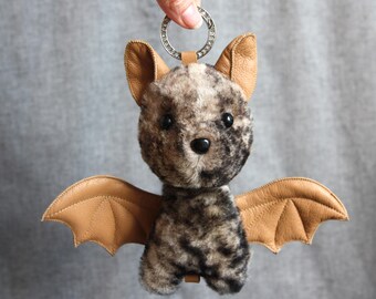 Bat keychain, sheep's wool, Genuine Leather Wings, Backpack Charm