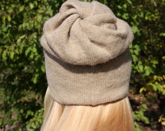 Wool Angora Knit Snood Hat, Beige Scarf Cap