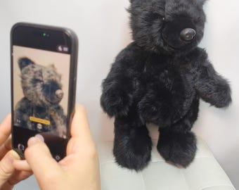 Fluffy lamb wool Teddy Bear, black Bear, Poseable Limbs, Interior Toy