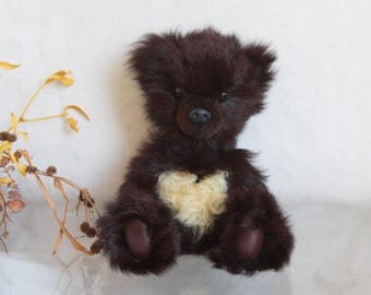 Burgundy Goat hair Teddy Bear - Handmade Collectible Toy (13 inch)