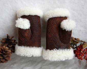 Sheepskin Fingerless Mittens, Brown Leather Driver Gloves, Size 7-7.5
