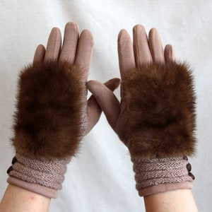 Knitted insulated gloves with removable mitts, Natural mink gloves, Transformer gloves