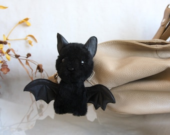 Bat keychain, sheep's wool, Genuine Leather Wings, Backpack Charm