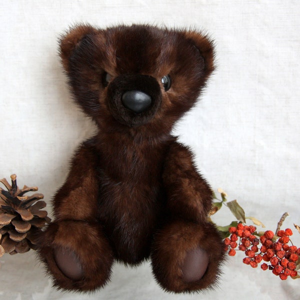 Bear from natural vintage mink fur,  brown bear, Teddy bear, A toy of real mink fur, Interior toy