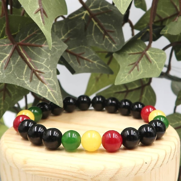 Onyx and Jade Beaded Rastafarian Stretch Bracelet for Strength, Happiness, Peace, Courage, Stamina, Wealth, Protection, and Self-Control