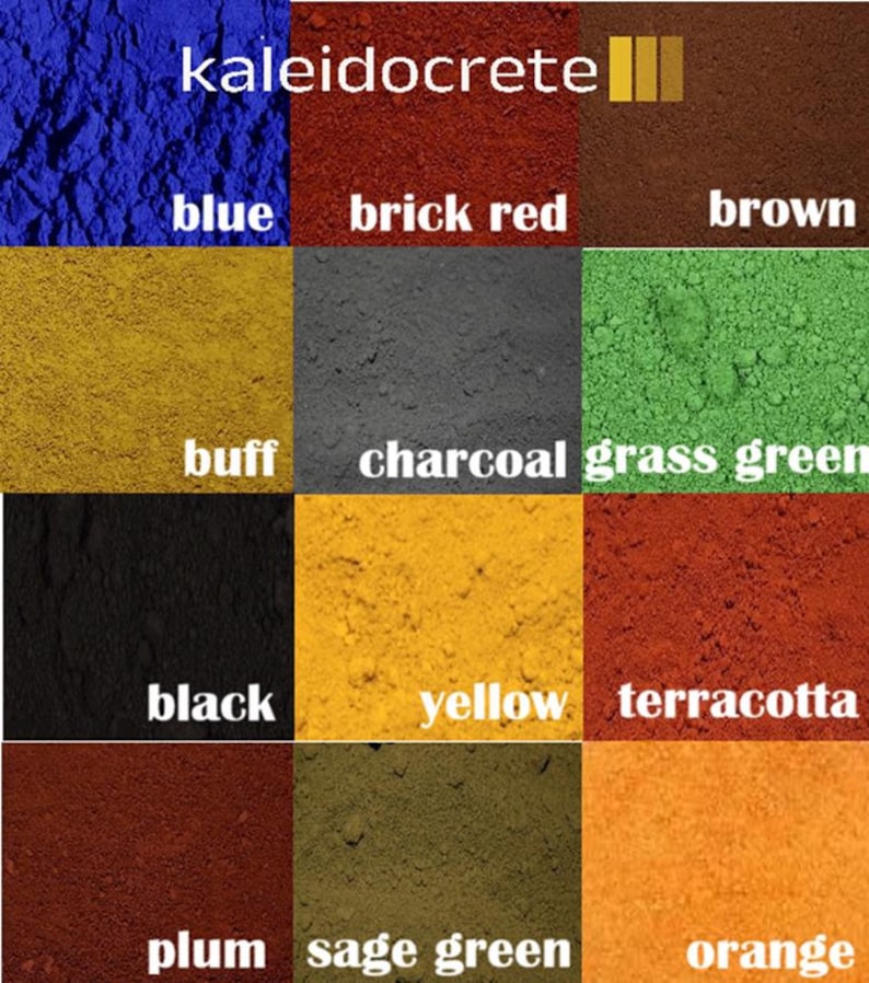 May include: A color chart showing 12 different colors of powdered pigment. The colors are: blue, brick red, brown, buff, charcoal, grass green, black, yellow, terracotta, plum, sage green, and orange.