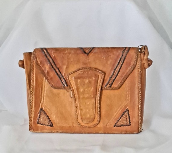 Vintage 1970s Tooled Leather Bag, Hippie Leather B