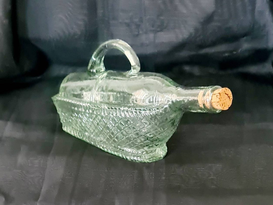 Vintage Glass Wine Bottle Inside A Glass Basket With Handle, Glass Wine