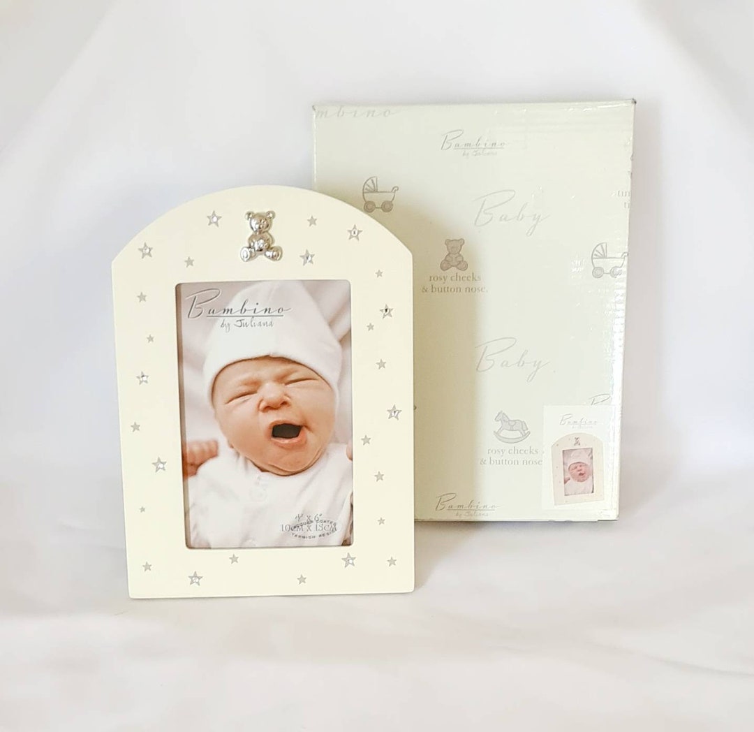 Vintage Cream Wooden Teddy Bear Picture Frame, Christening Gift