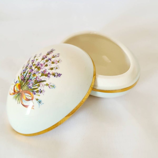 Vintage Ringtons Royal Worcester Porcelain Palissy Egg Shape Trinket Box With Floral Pattern., Small Jewellery Trinket Box,