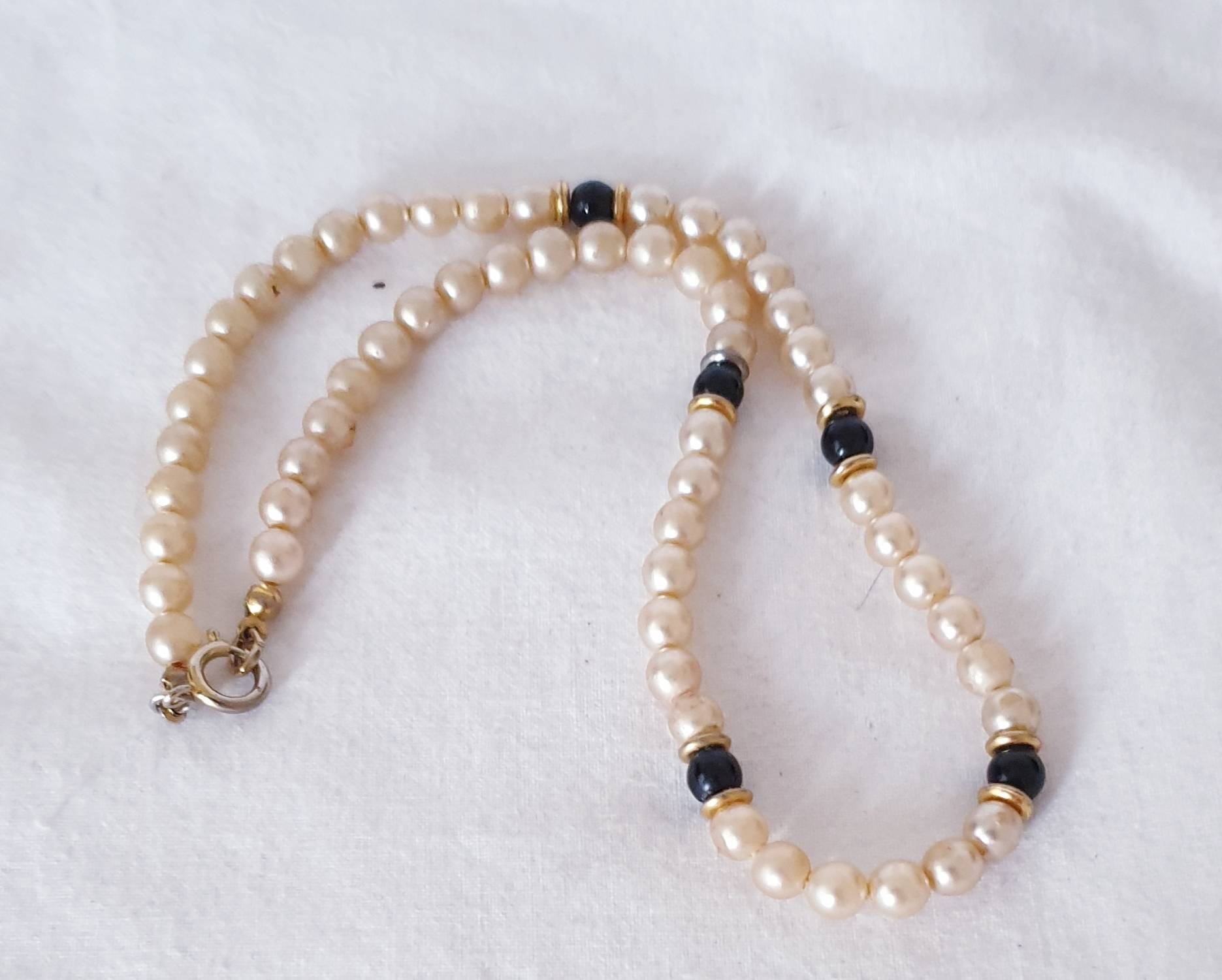 Vintage faux black pearl necklace cream and black faux Etsy