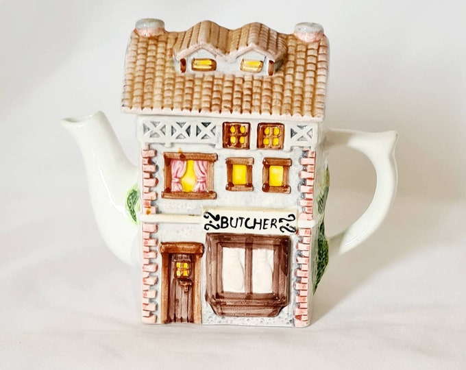 Vintage Leonardo Ceramic Teapot of A Butcher Shop, Novelty Teapot