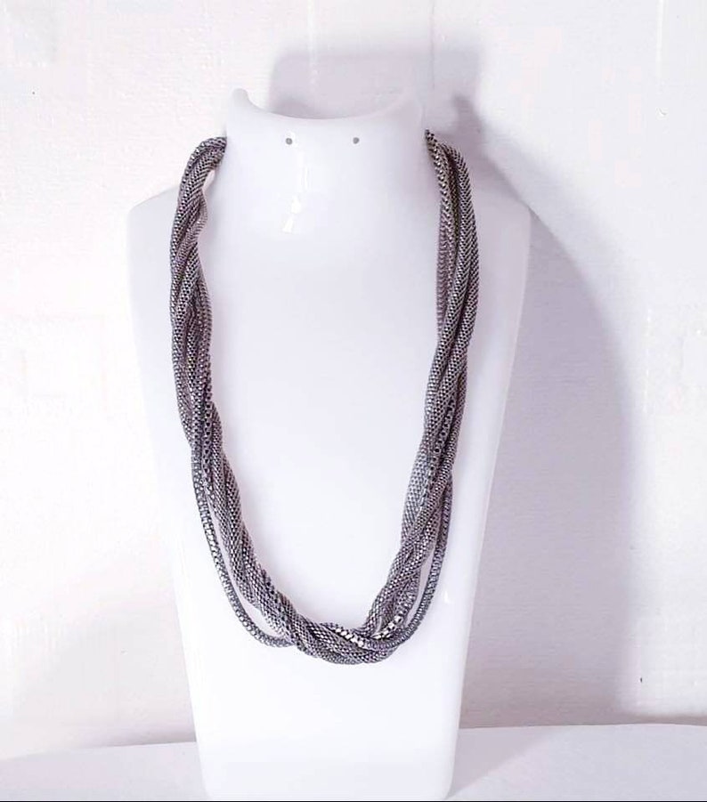 Vintage retro rope necklace statement necklace. twisted necklace silvertone necklace